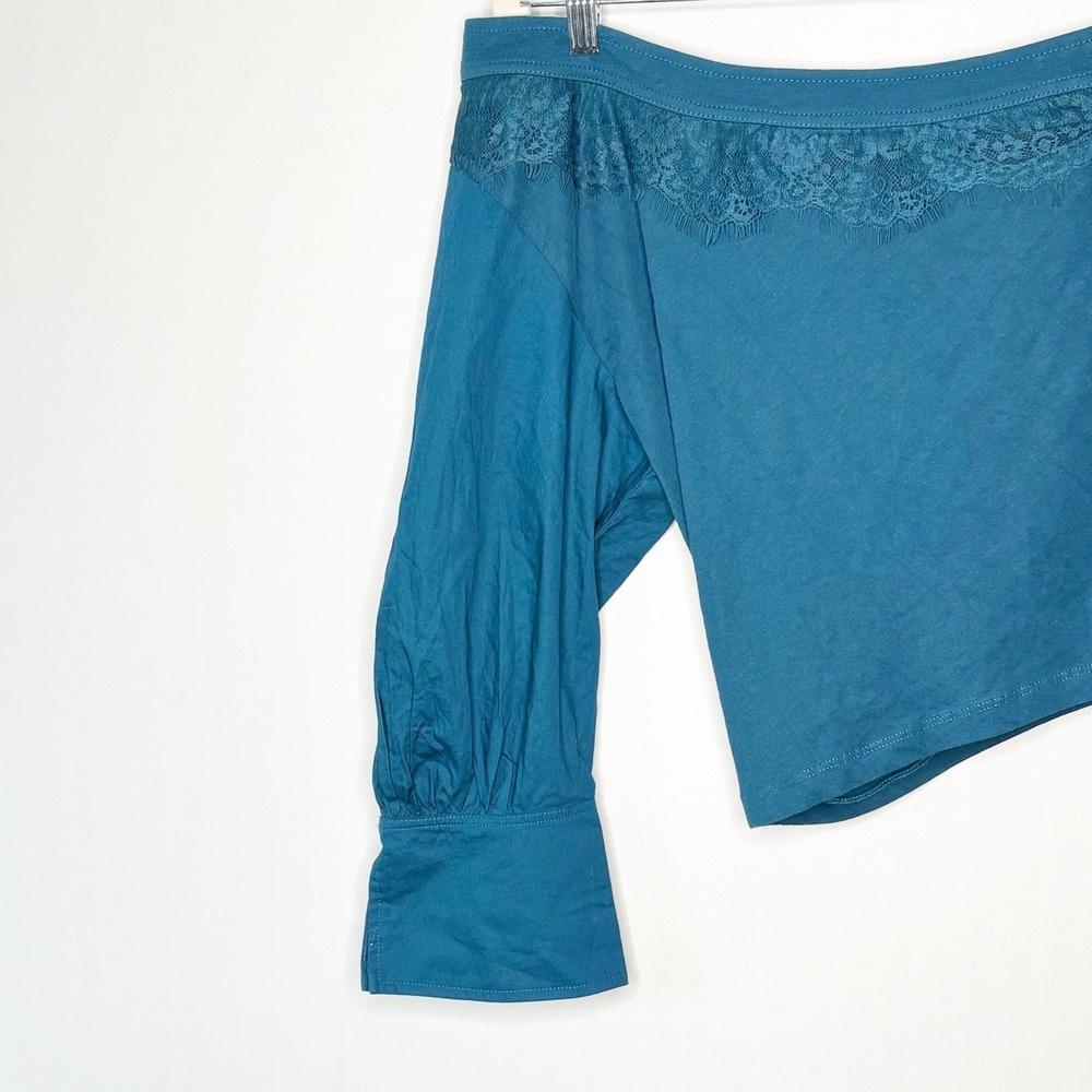 Anthropologie One Shoulder Lace Trim Crop Top Teal Blue Size XL Cotton NWT - Picture 3 of 10